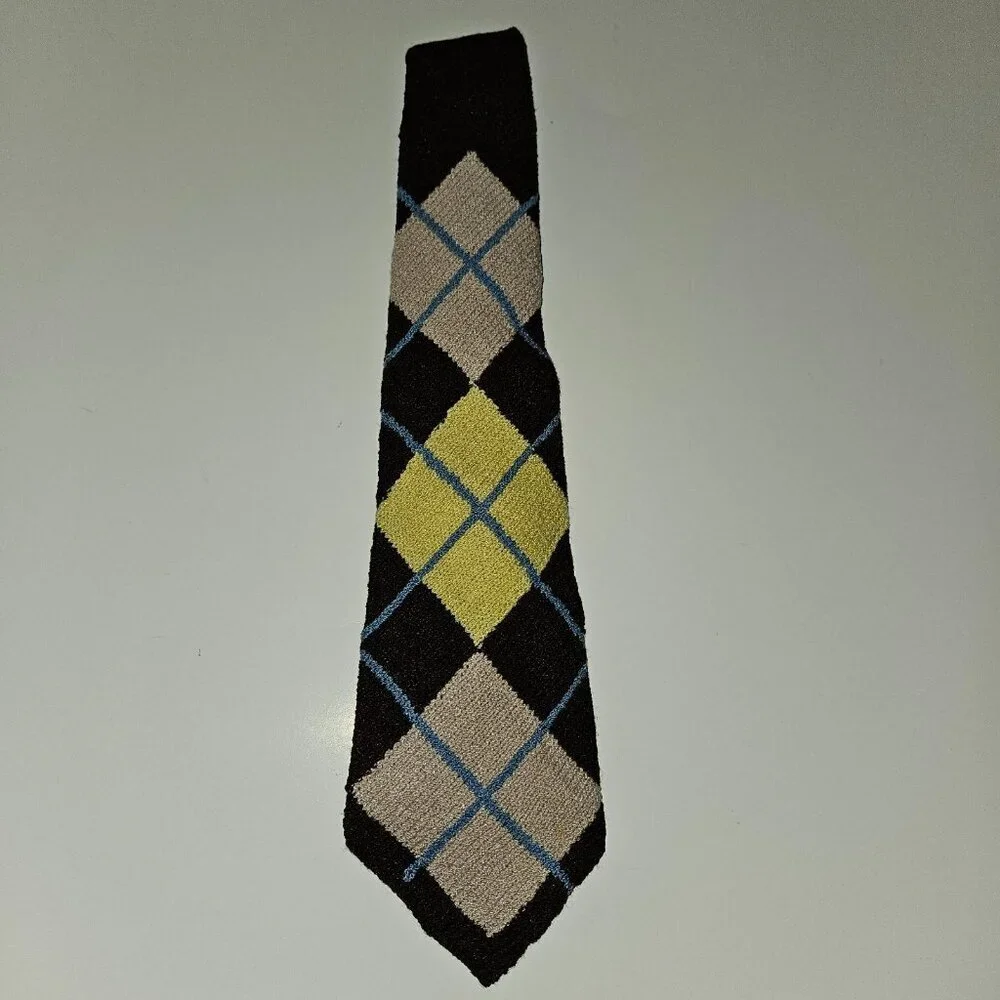 VTG Handmade Knit Neck Tie Argyle Brown Blue Yellow Tan 52